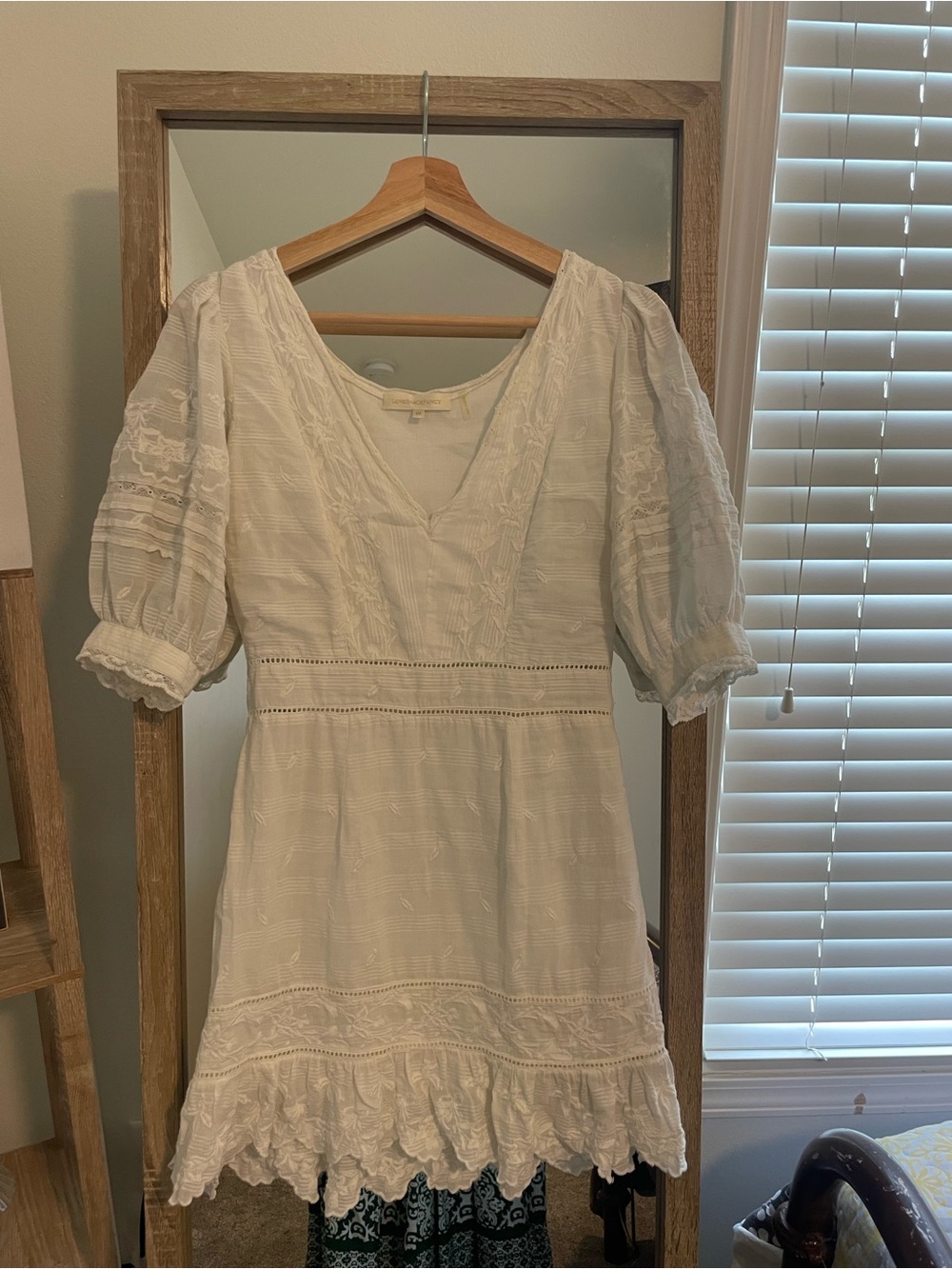 LoveShackFancy White V-Neck Puff Sleeve Lace Mini Dress